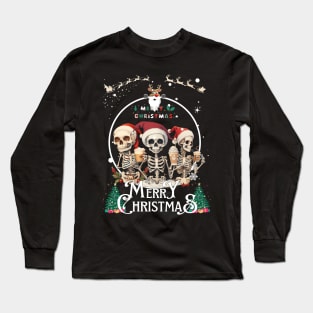 Christmas Skeleton With Smiling Skull Drinking Coffee Latte Long Sleeve T-Shirt